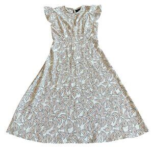 Goldie Leaf Print A-Line Dress Defined Waist Flutter Sleeves Boho Size Medium